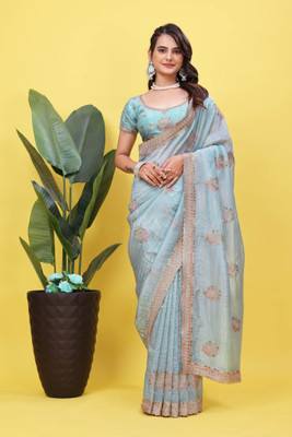 GREENA CREATION Embroidered, Woven, Self Design, Embellished Bollywood Satin Saree(Light Blue)
