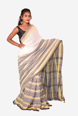 LDma Self Design Tant Handloom Pure Cotton Saree(White)