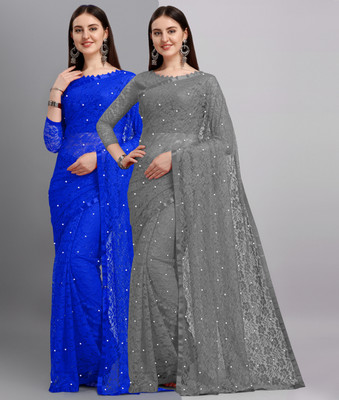 LOROFY Self Design Bollywood Net Saree(Pack of 2, Blue, Grey)