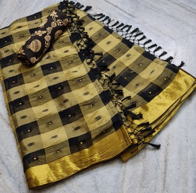 Stylish Sarees Woven, Checkered Banarasi Viscose Rayon, Chiffon Saree(Black, Cream)