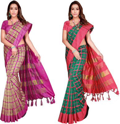 Shaibo saree Checkered Chettinadu Cotton Silk Saree(Pack of 2, Green, Beige)