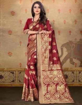 Mesqlu Lifestyle Self Design Handloom Cotton Linen Saree(Maroon)