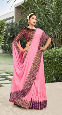 Vichitra Solid/Plain Bollywood Silk Blend Saree(Pink)