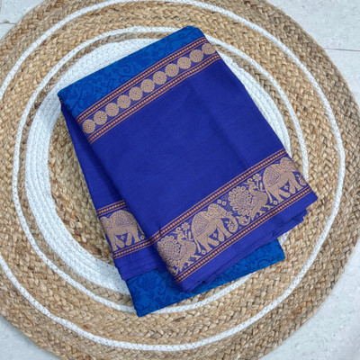 PK TRENDY COLLECTIONS Woven, Solid/Plain, Self Design, Temple Border Kanjivaram Pure Cotton Saree(Blue)