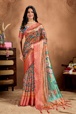 NENU FASHON Digital Print, Floral Print, Printed Bollywood Silk Blend Saree(Multicolor)
