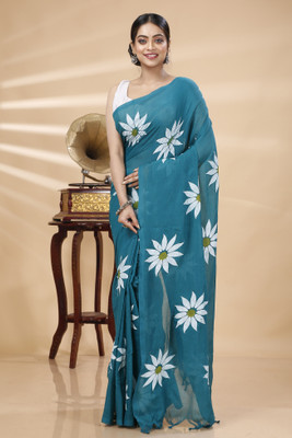 GitAsit Blocked Printed Handloom Pure Cotton Saree(Dark Green)