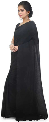 UR Affection Solid/Plain Handloom Pure Cotton Saree(Black)