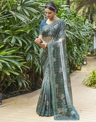 SIRIL Self Design, Embellished Bollywood Lycra Blend Saree(Dark Green)