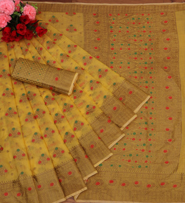 KRENIW Printed Bollywood Cotton Silk, Jacquard Saree(Yellow)