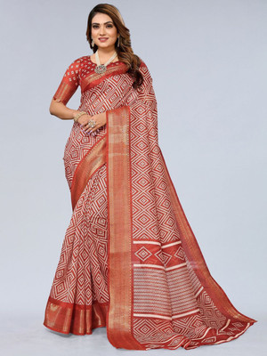 Moda Rapido Printed Bandhani Cotton Blend Saree(Orange)