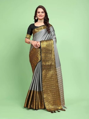 WEYLIN Woven Kanjivaram Jacquard, Pure Silk Saree(Grey)