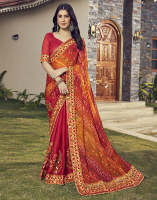 Satrani Embroidered Bandhani Chiffon, Georgette Saree(Red, Yellow, Multicolor)