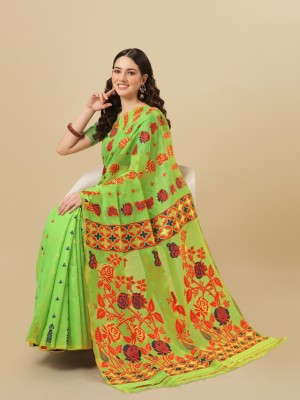 omtextile Woven, Floral Print Jamdani Cotton Blend Saree(Light Green)