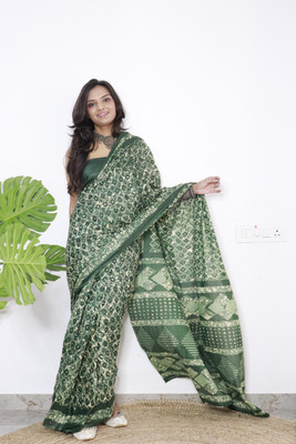 ETHNICPORT Printed Ikkat Pure Cotton Saree(Dark Green)