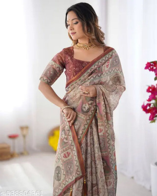 Soor Panchi Floral Print Baluchari Cotton Linen Saree(Beige)