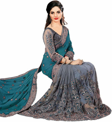 vaidehicreation Embroidered, Embellished Bollywood Net, Art Silk Saree(Light Blue, Grey)