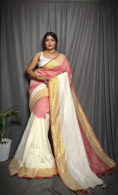 SOHAM SAREE GHAR Solid/Plain Handloom Cotton Blend Saree(Cream)
