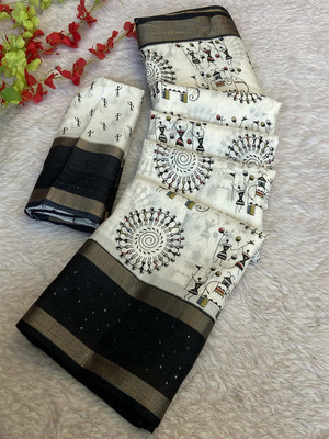 Peachmode Printed Bollywood Silk Blend Saree(White, Black)