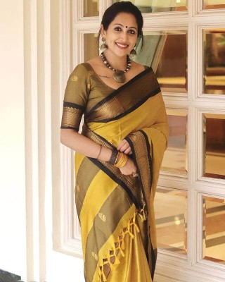 SHREE GHANSHYAM FASHION Embellished, Self Design Mysore Cotton Silk, Art Silk Saree(Yellow, Black)