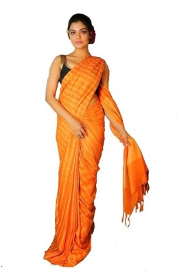 Aamir Fashion Textile Striped Bollywood Handloom Cotton Silk Saree(Orange)