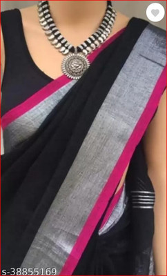 HAIDER ALI AND SONS Solid/Plain Bollywood Cotton Blend Saree(Black)