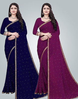 Saadhvi Embroidered Bollywood Chiffon Saree(Dark Blue, Purple)