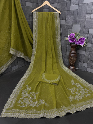 JENNYFEB Embellished Bollywood Organza Saree(Light Green)