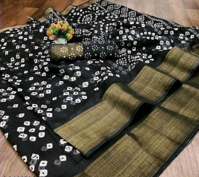 METHRIN CREATION Polka Print Bandhani Cotton Blend Saree(Black)