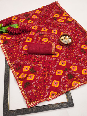 Kanooda Prints Printed Bandhani Georgette Saree(Red)