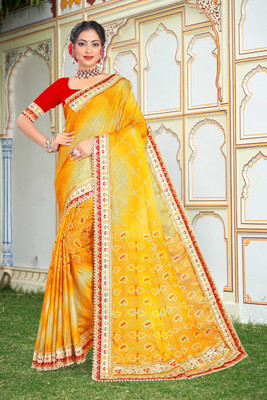 Tasrika Embroidered Bandhani Chiffon Saree(Yellow)