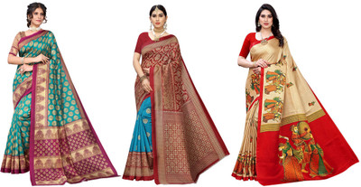 Nirvaan Printed, Woven Daily Wear Art Silk Saree(Pack of 3, Blue, Red, Beige)