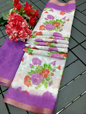 HouseOfCommon Floral Print Kanjivaram Linen, Cotton Linen Saree(Purple)