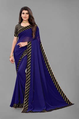 FABMORA Solid/Plain, Embellished Bollywood Chiffon, Georgette Saree(Dark Blue)