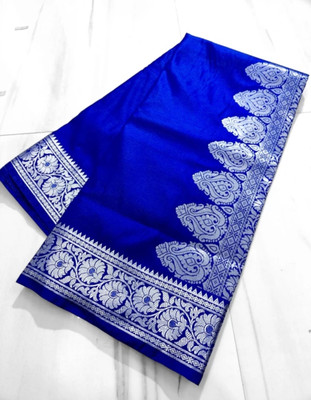 Aarna Fashion Solid/Plain Banarasi Pure Silk Saree(Dark Blue)