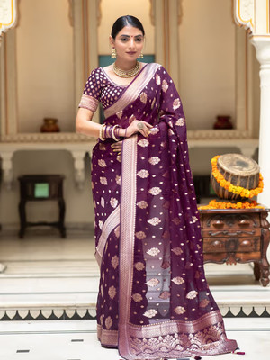 SYNVOZET Woven, Self Design Kanjivaram Pure Silk, Silk Blend Saree(Purple)