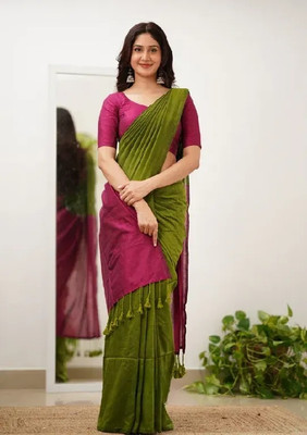 sourav biswas Solid/Plain Handloom Pure Cotton Saree(Green, Pink)