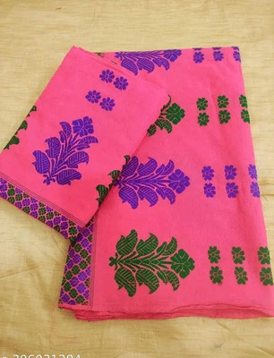 Padmini cotton Handloom karbi Woven Mekhela Chador Cotton Silk Saree(Pink)