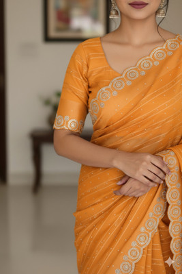 TRENDY CULTURE ENTERPRISES Embellished Bollywood Cotton Blend Saree(Yellow)