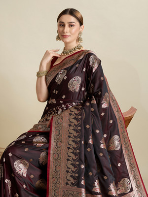 SUDIPTA Woven, Embellished, Self Design Banarasi Satin, Silk Blend Saree(Maroon)