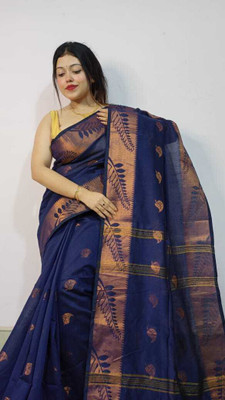 S G SAREES Woven Handloom Handloom Cotton Silk Saree(Dark Blue)