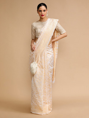 House of Pataudi Woven Banarasi Silk Blend Saree(Cream)