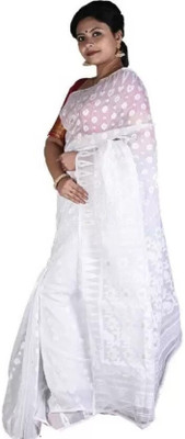 OWALID Self Design Jamdani Cotton Silk Saree(White)