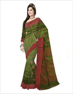 Pradip Fabrics Applique Handloom Cotton Silk Saree(Light Green)
