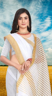 SHRISAREEESa Striped Bollywood Pure Cotton Saree(White)