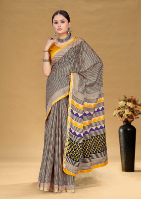 Divastri Blocked Printed, Printed Chanderi Cotton Blend Saree(Beige, Black)