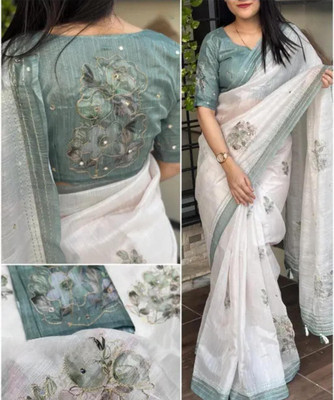 Million Brands Embroidered, Digital Print Bollywood Cotton Linen, Pure Silk Saree(White)