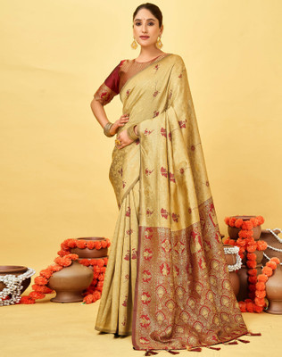 SIRIL Printed Banarasi Silk Blend Saree(Beige)