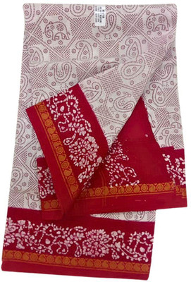 Prabanja Printed Hand Batik Pure Cotton Saree(White, Red)
