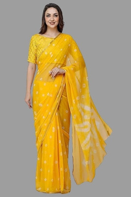 Swarne Printed Bandhani Chiffon Saree(Yellow)