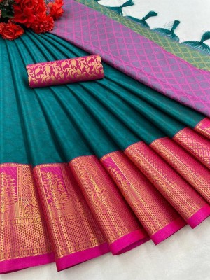 Apnisha Self Design Banarasi Cotton Silk Saree(Dark Green)